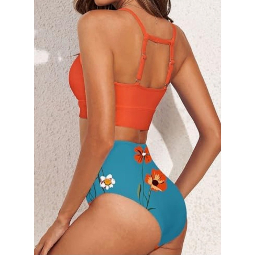 Womens High Neck Bikini Set Orange Crop Top Floral High Waist Bottoms Teal L New - Picture 2 of 7